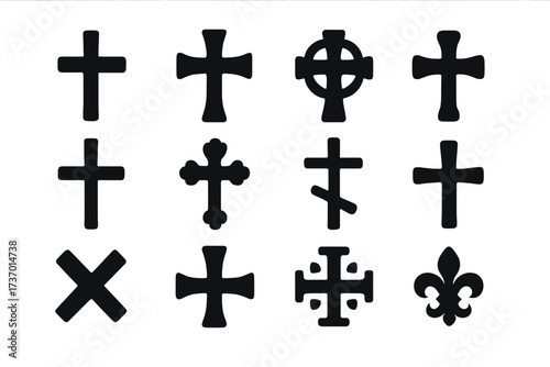Christian crosses icon set. Collection of various religious symbols. Black silhouette vector illustration. Faith signs like latin, orthodox, celtic, and catholic crucifix shapes.