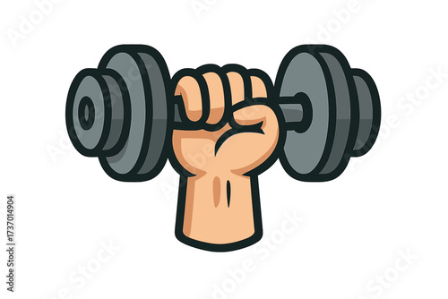 Hand holding a dumbbell icon for fitness and gym logo. Vector cartoon illustration of strength training, weightlifting, and bodybuilding. Symbol of power, muscle, and workout.