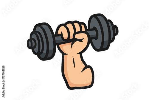 Dumbbell in hand icon for fitness logo design. Strong muscular arm lifting heavy weights for gym and workout. Vector cartoon for bodybuilding, powerlifting, strength training.