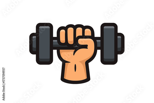 Hand holding dumbbell icon. Fitness logo concept. Gym workout, strength training. Vector cartoon illustration. Weightlifting, bodybuilding. Power, muscle, sport equipment symbol.