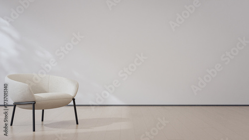 3d rendering of minimalist living room with modern armchair and neutral white beige backdrop. Soft blurred foliage leaf shadow on clean bright wall in cozy interior space for relaxation.