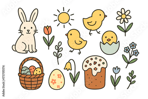 Happy Easter graphic elements collection. Cute hand-drawn doodle set with bunny, chick, basket, decorated eggs, cake, and spring flowers. Vector flat icons for holiday design.