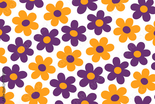 Duotone seamless pattern with little flowers. Cute groovy distorted daisy elements. Fun modern flat vector illustration. Midcentury 70s art. Retro floral cartoon background.