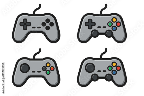 Classic video game controller icon set. Retro gamepad joystick vector illustration collection. Gaming console accessory symbol for esports logo or gamer design element. Cartoon style.