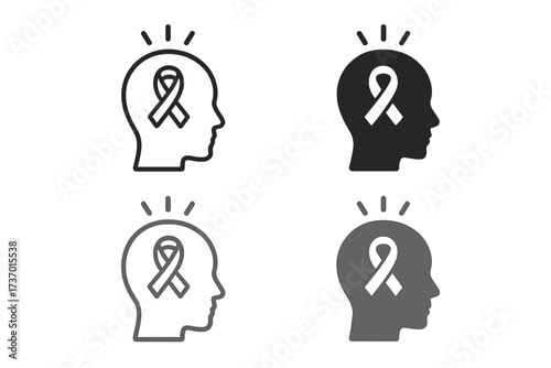 Awareness ribbon in head icon set. Mental health, psychology concept. Support for cancer, HIV, aids. Patient mind, illness. Charity, donation and solidarity symbol. Human profile.