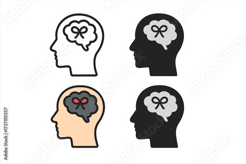Memory knot and reminder icon set. Head silhouette with bow in the brain. Psychology, mental health, Alzheimer's, dementia metaphor. Untangle thoughts. Gifted mind, intellect idea.