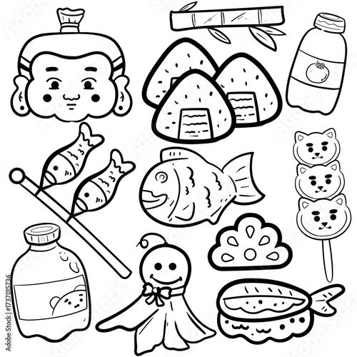 hand drawn Japanese culture clean black and white outline perfect for a coloring book or cultural design projects. icons like Fuji, lucky cat, Onigiri, Taiyaki , Kokeshi doll, bell, and a tea bowl.