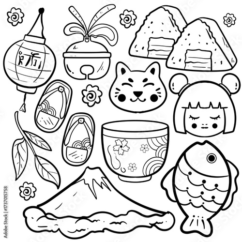 hand drawn Japanese culture clean black and white outline perfect for a coloring book or cultural design projects. icons like Fuji, lucky cat, Onigiri, Taiyaki , Kokeshi doll, bell, and a tea bowl.