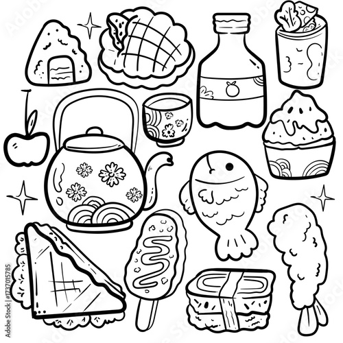 hand drawn Japanese culture clean black and white outline perfect for a coloring book or cultural design projects. icons like Fuji, lucky cat, Onigiri, Taiyaki , Kokeshi doll, bell, and a tea bowl.