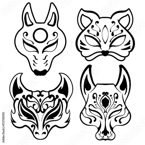 hand drawn Kitsune fox Evil mask angry japanese Yokai illustration. Japanese culture clean black and white outline perfect for a coloring book or cultural design projects.