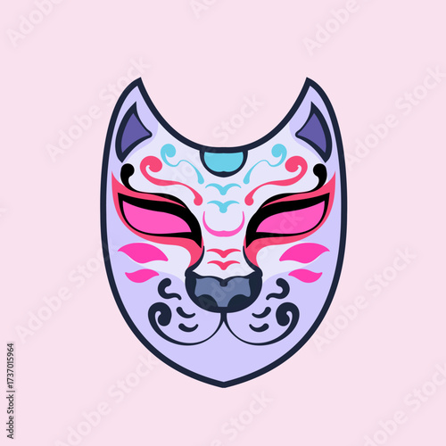 Traditional japanese kitsune dog mask isolated on background. Flat cute cartoon style kitsune mask in simple minimal style