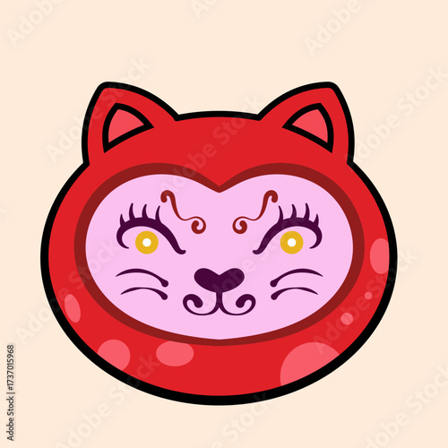 Japanase Daruma Doll with cheerful expression, bold eyebrows, yellow decorative patterns, red dot on forehead and expressive face, symbolizing perseverance and good luck in Japan culture