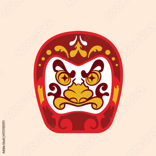 Japanase Daruma Doll with cheerful expression, bold eyebrows, yellow decorative patterns, red dot on forehead and expressive face, symbolizing perseverance and good luck in Japan culture