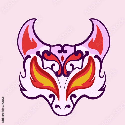 Traditional japanese kitsune fox mask isolated on background. Flat cute cartoon style kitsune mask in simple minimal style