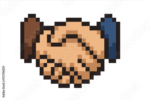 Handshake pixel art icon. Interracial hands shaking, symbol of partnership, business agreement, deal, cooperation. Concept of teamwork, diversity, unity. Retro 8-bit vector.