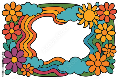 Groovy psychedelic flower power frame with retro flowers, rainbow, clouds and sun. Hippie 1970s abstract art banner background. Funny floral cartoon vector contour illustration.