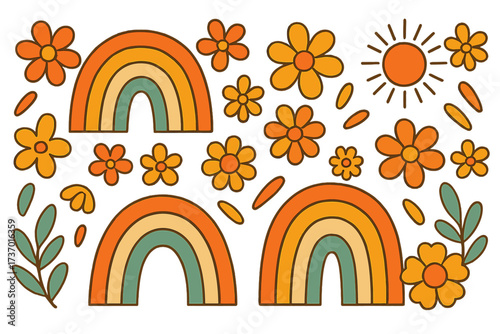Groovy retro 70s hippie vector elements set. Collection of vintage flower power stickers with daisy, rainbow, and sun. Cute cartoon illustration for nostalgic design.