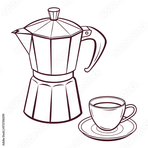 A classic italian moka pot coffee maker and a cup of coffee on a saucer presented in a simple line art style