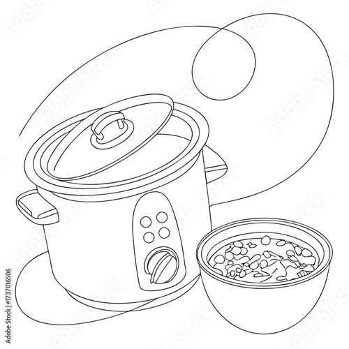 A line drawing of a slow cooker with the lid slightly ajar next to a bowl of hearty stew perfect for recipe illustrations and culinary concepts
