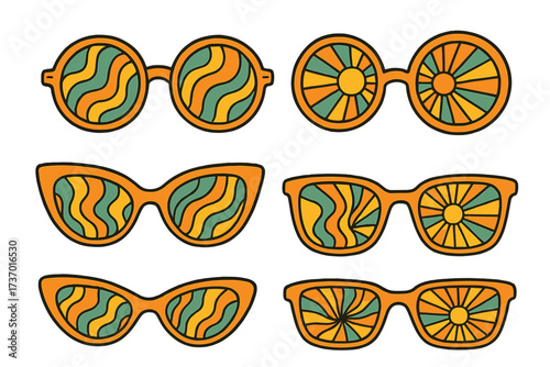 Groovy psychedelic sunglasses collection with trippy abstract patterns. Retro 60s 70s hippie boho style graphic elements. Hand drawn vector glasses stickers with waves and rays.