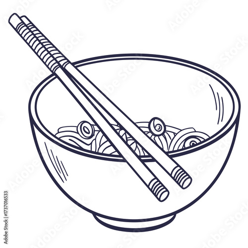A simple hand drawn line art illustration of a bowl of noodles with chopsticks resting on top isolated on a white background