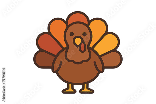 Cute turkey character for Thanksgiving. Simple flat cartoon vector illustration. Holiday bird mascot icon for autumn celebration. Harvest festival graphic element isolated.