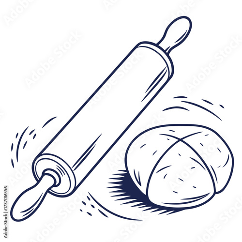 A simple line art illustration of a rolling pin positioned diagonally next to a ball of dough with a few lines suggesting movement or flour dust