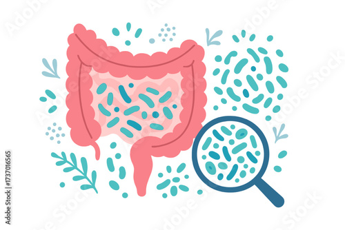 Gut microbiome abstract concept. Human intestine microbiota with healthy probiotic bacteria. Flat vector medicine illustration of microbiology checkup, digestion, and gut flora.