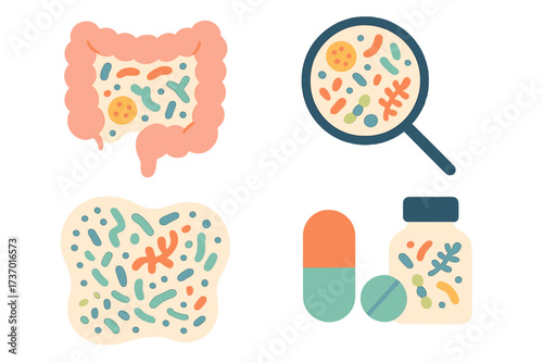 Gut microbiome vector icon set. Human intestine microbiota with healthy probiotic bacteria. Flat illustration for medicine, microbiology, digestion, and gut health analysis concept.