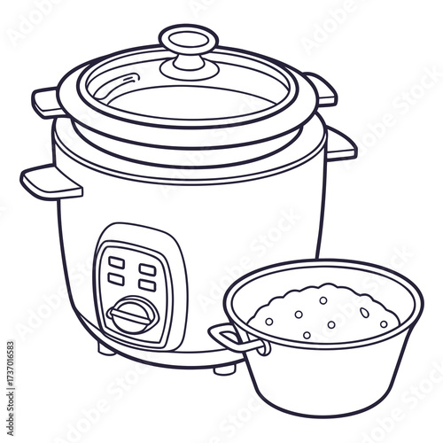 A simple line drawing illustration of a modern electric rice cooker with a separate pot filled with cooked rice next to it on a white background