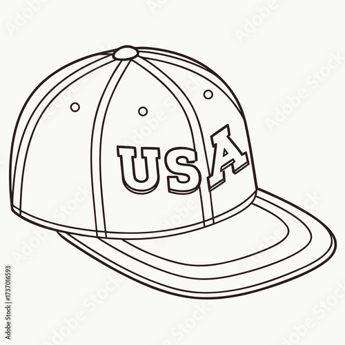 A simple line drawing of a baseball cap with the letters usa emblazoned on the front panel isolated on a white background
