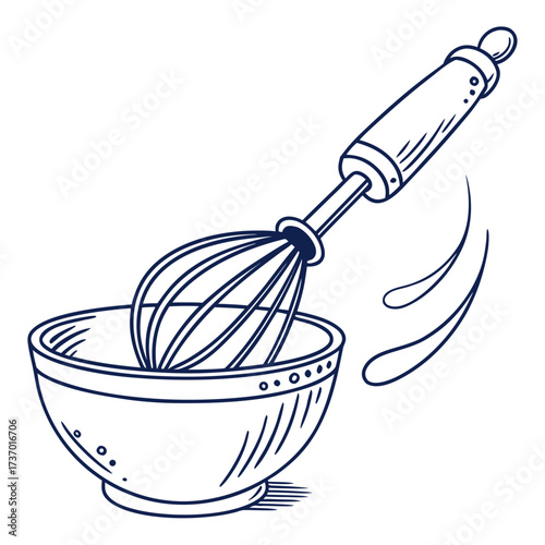 Hand drawn illustration of a whisk mixing ingredients in a bowl conveying the process of baking and cooking preparation