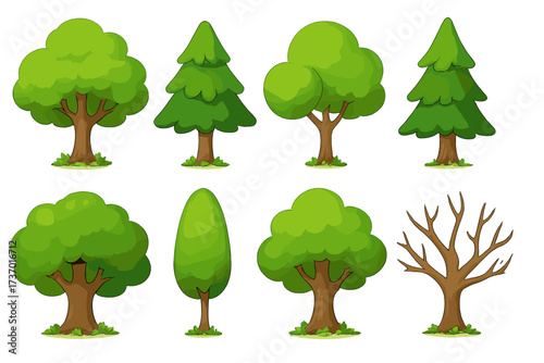 Set of cartoon trees vector illustration. Green summer forest, park plant elements. Collection includes fir tree, deciduous trees, and a bare winter tree for nature design.
