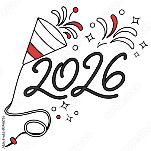 Happy new year 2026 celebration with a festive party popper and confetti bursting with stars and circles