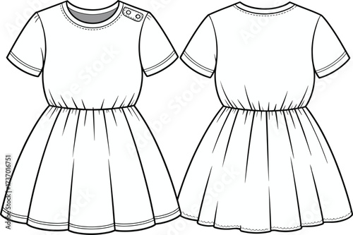 Children dress flat sketch, short sleeve vector, round neck fashion template, gathered waistline design, kids clothing technical drawing, apparel illustration