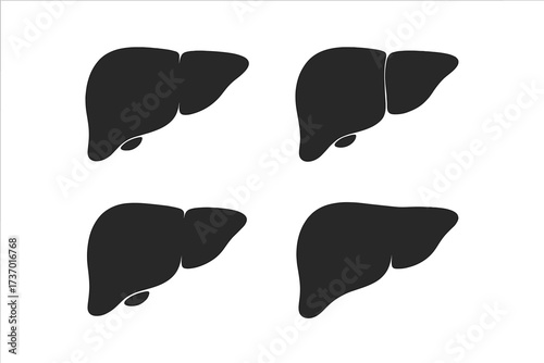 Liver icon set. Human internal organ silhouette collection. Vector graphic for anatomy, medicine, biology concepts. Health care symbol, digestion system. Simple flat black design.