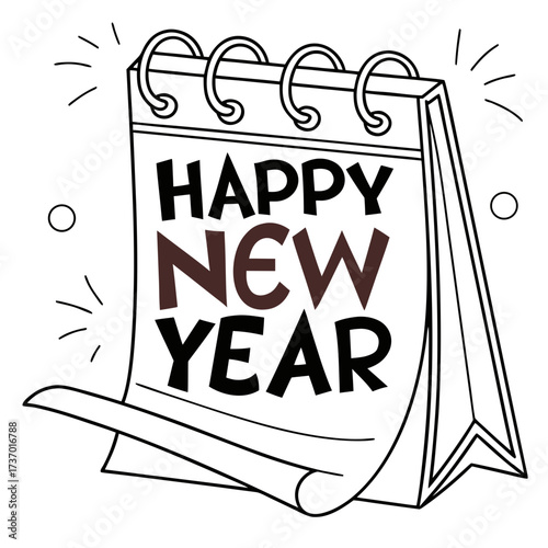 Happy new year greeting on a stylized calendar page with a spiral binding and celebratory sparkles