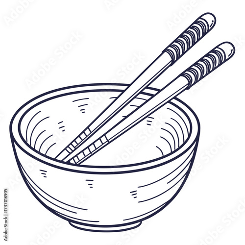 Simple hand drawn illustration of a ceramic bowl with two chopsticks resting on top in a minimalist line art style