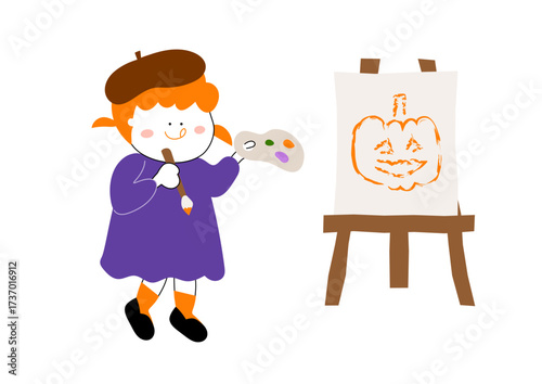 キャンバスにお絵描きする女の子のイラスト素材