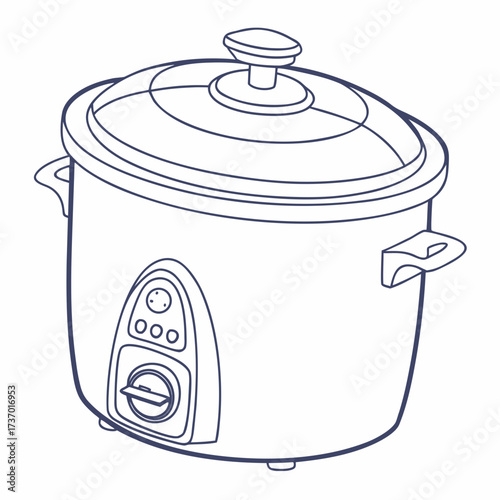 Simple line drawing of a modern electric slow cooker with a lid and control panel isolated on a white background