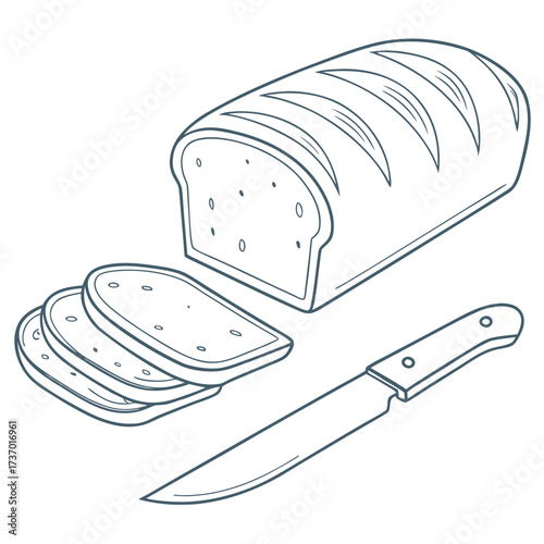 Simple line drawing illustration of a sliced loaf of bread with a knife on a white background