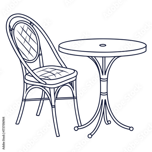 Simple line drawing of a round bistro table and a wicker chair on a white background ideal for cafe or outdoor settings