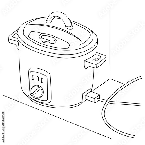 Simple line drawing of a modern electric slow cooker plugged into an outlet on a countertop