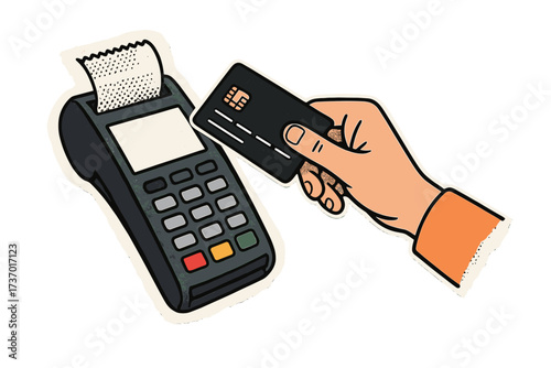 Hand making contactless payment with credit card on POS terminal. NFC technology for purchase in store. Financial transaction concept. Torn paper collage vector illustration.