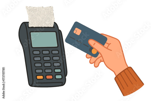 Contactless payment with credit card at POS terminal. Hand using NFC for wireless transaction. Electronic paying, purchase, banking, and finance concept. Vector collage illustration.