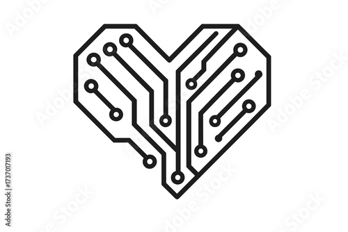 Circuit board heart vector icon. Digital love, technology romance concept. Electronic passion symbol. Tech valentine, cyber relationship logo. CPU, AI, processor scheme sign.