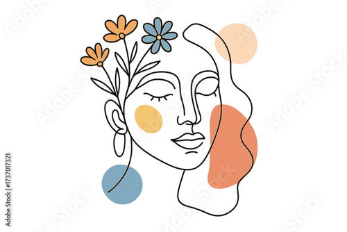 Woman face continuous line drawing. Abstract floral woman portrait with geometric shapes. Minimalist contoured female for beauty spa salon logo. Elegant spring flower design.