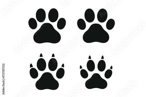 Animal paw print vector icon set. Dog and cat footprint silhouette. Wolf or bear track with claws. Pet trail symbol. Wildlife step illustration. Vet or zoo logo element design.
