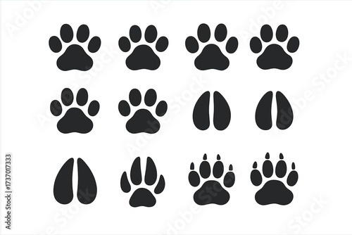 Animal footprints vector icon set. Collection of black silhouette paw prints from dog, cat, wolf, bear. Wildlife hoof tracks from deer or pig. Pet and wild animal trail.