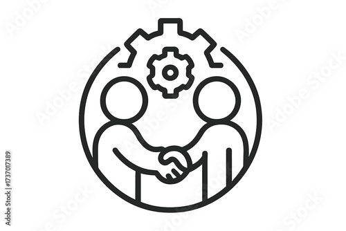 Business partnership and collaboration icon. Teamwork synergy concept with handshake and gear. Agreement, deal, and cooperation symbol. Vector line art illustration for web.